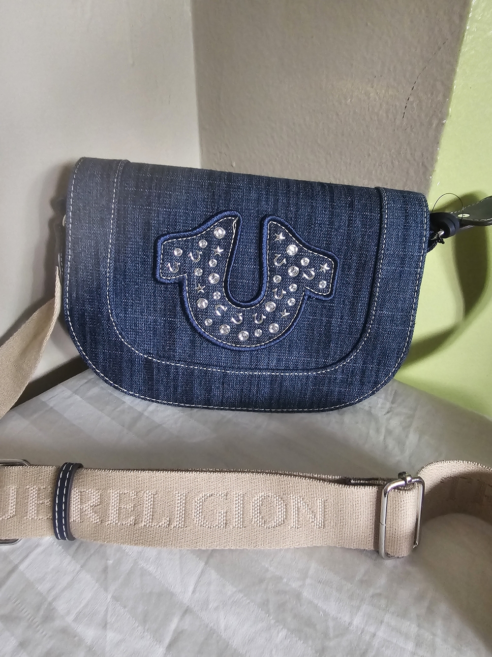 True Religion Denim Crossbody Bag with Studded Horseshoe - Blue